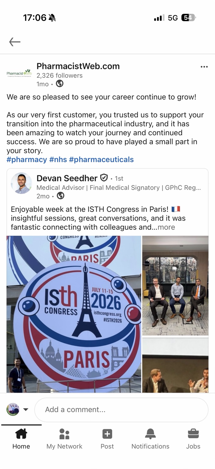 Pharmacistweb LinkedIn post celebrating Devan Seedher’s continued career progress