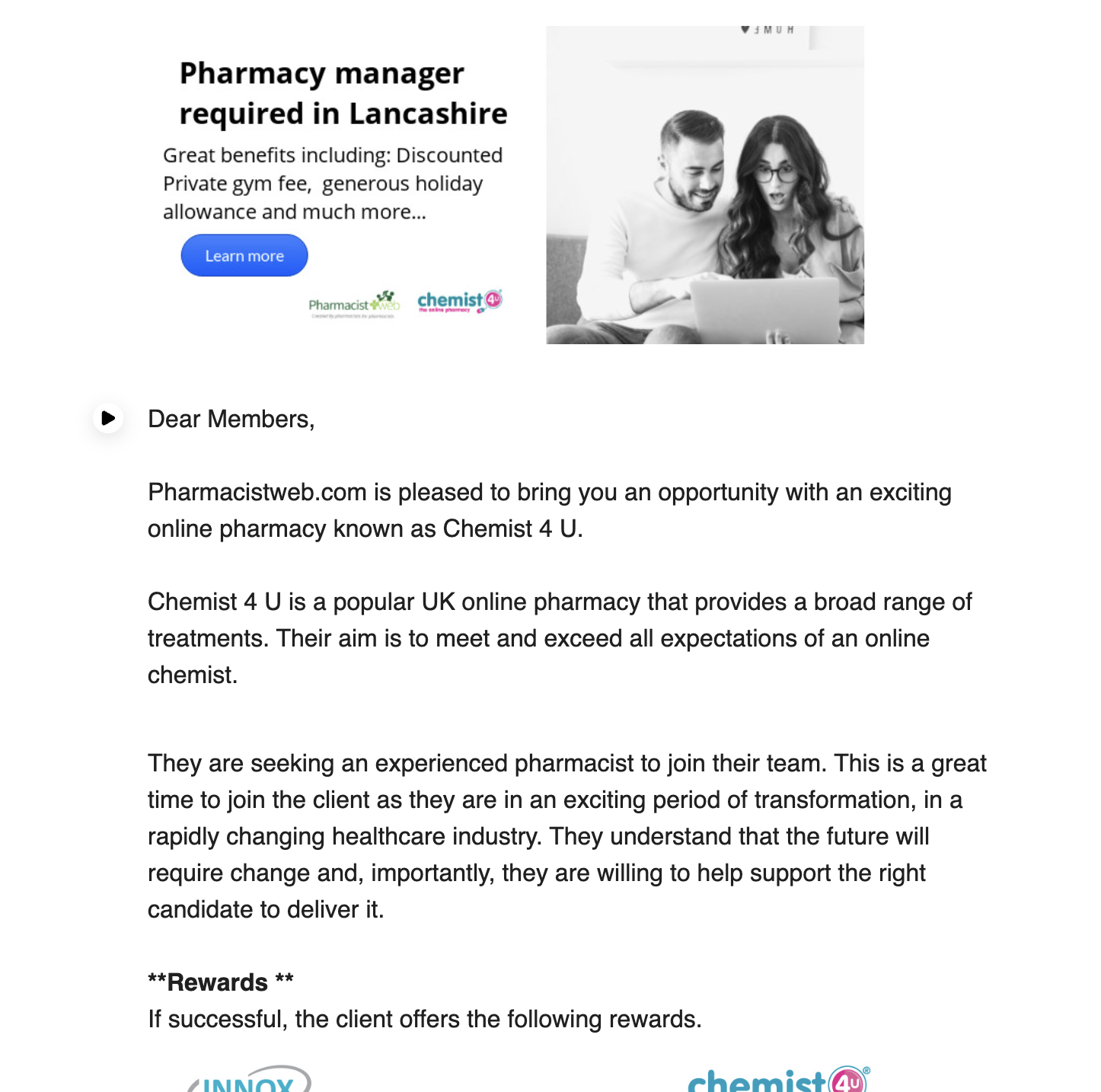 Pharmacistweb email promoting a Chemist4U pharmacy manager vacancy in Lancashire