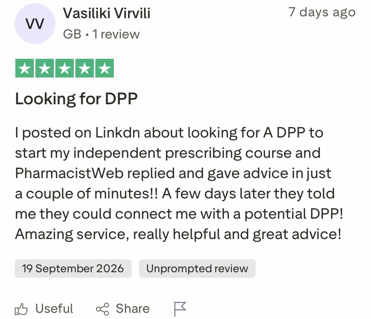 Five-star review from Vasiliki Virvili describing Pharmacistweb’s help in finding a potential DPP