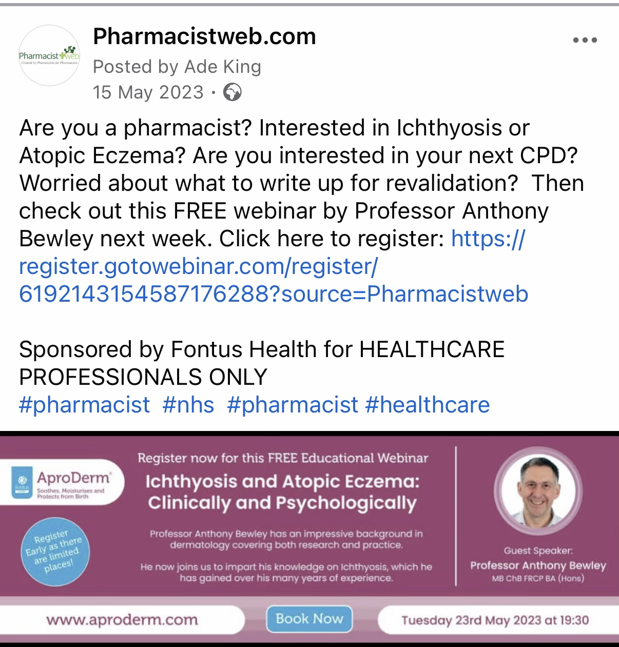 Pharmacistweb LinkedIn post promoting a Fontus Health sponsored webinar on ichthyosis and atopic eczema