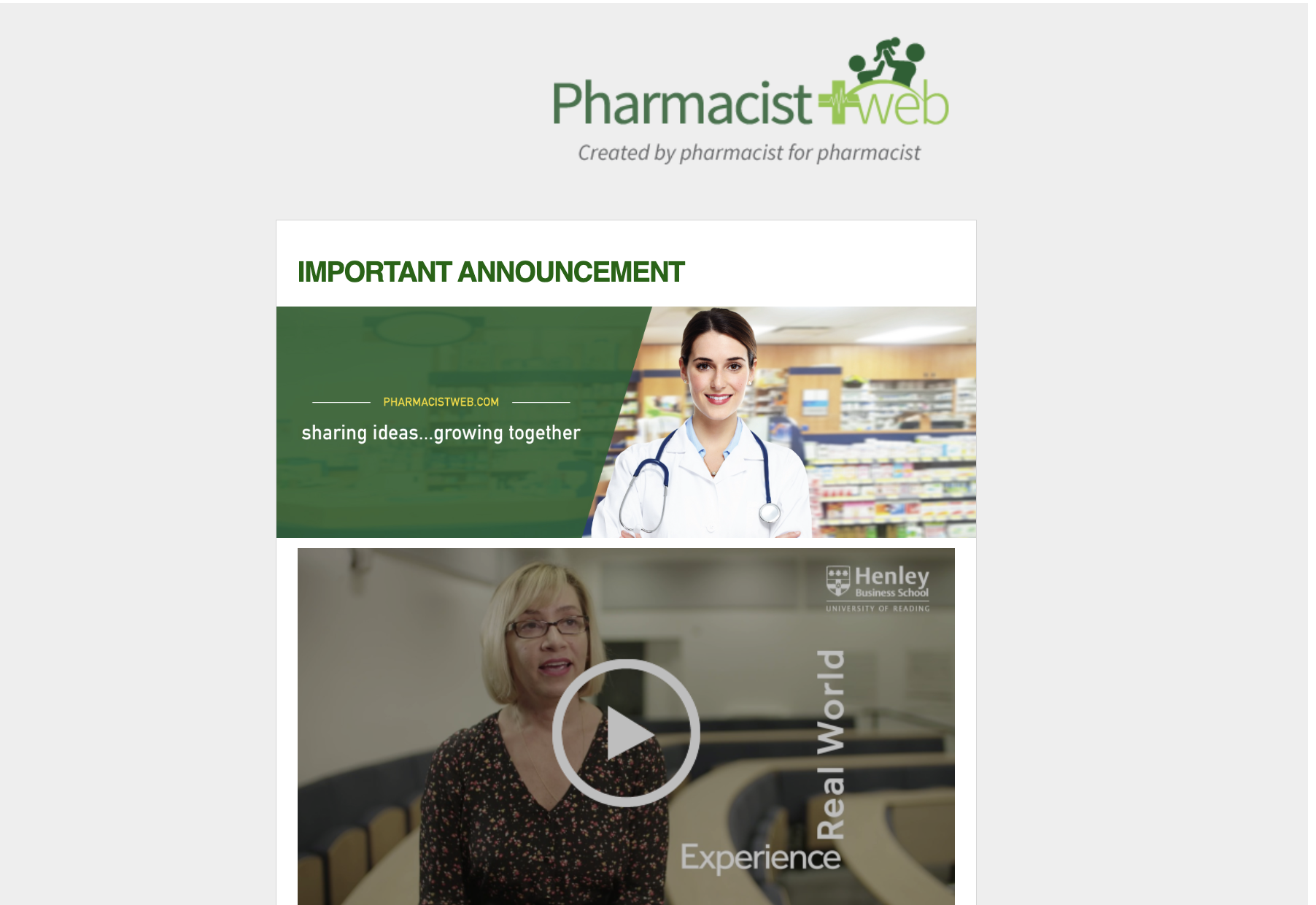 Pharmacistweb email introducing a Henley Business School MBA webinar