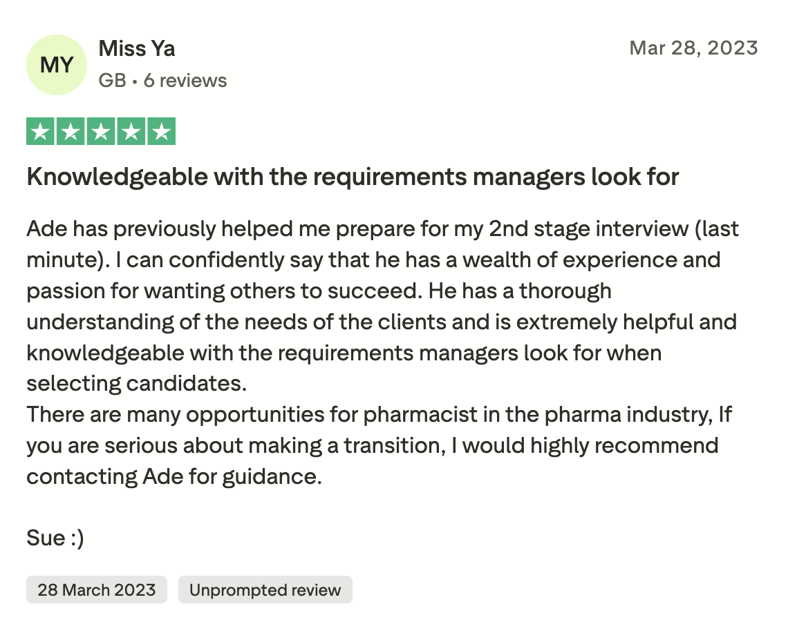 Five-star review from Miss Ya describing Ade’s help with second-stage interview preparation and career guidance