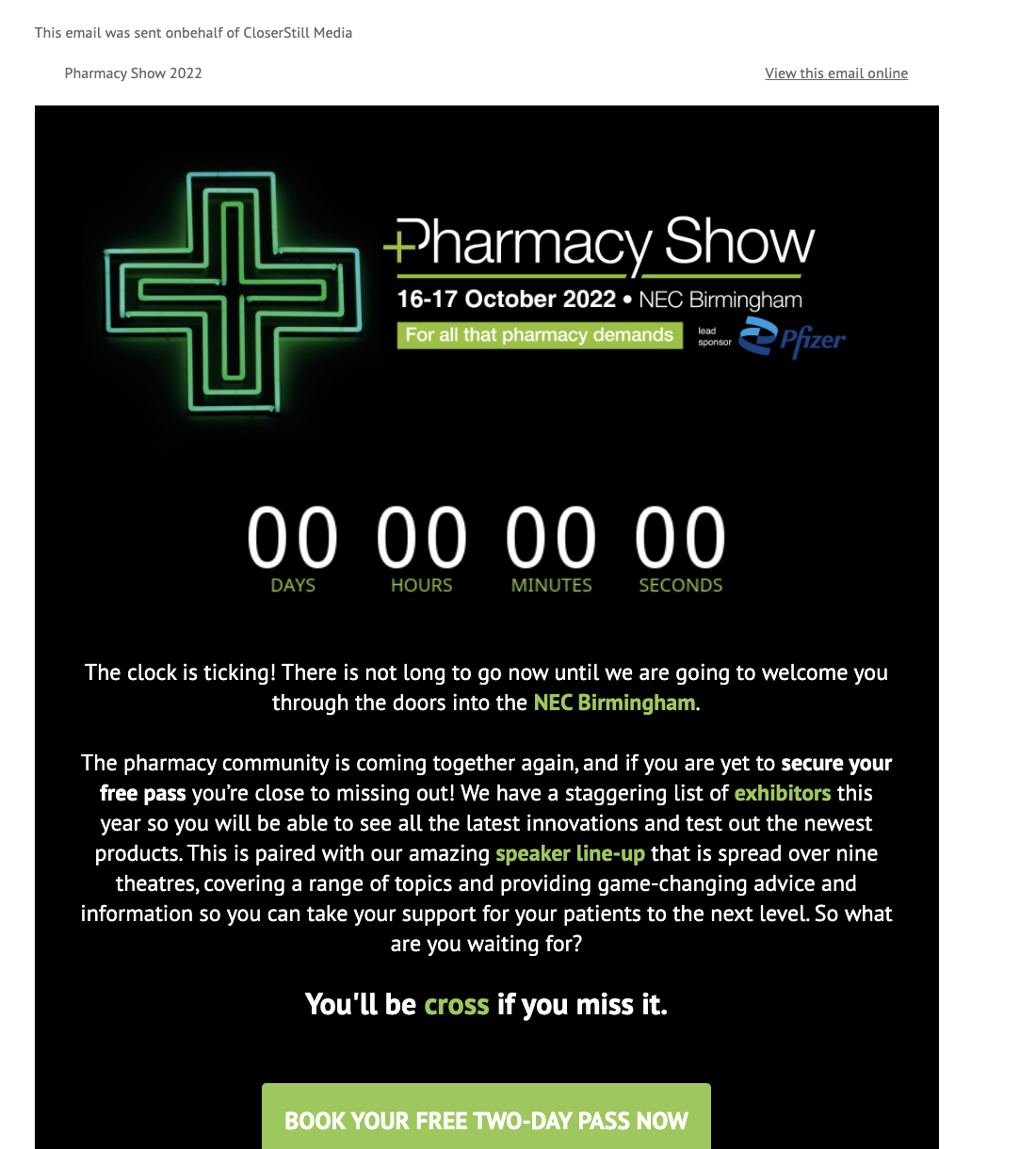 Original Pharmacy Show 2022 campaign email with event branding